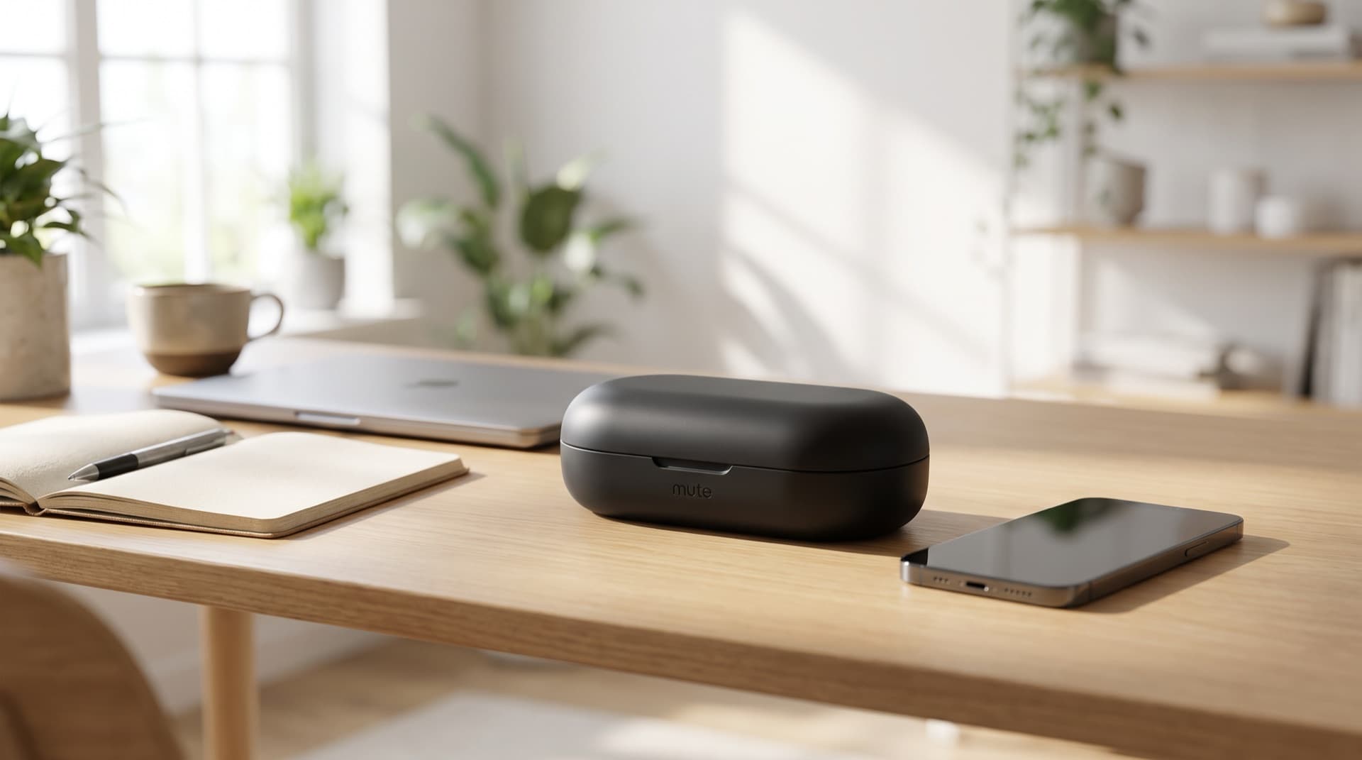 mute box on a desk next to a phone