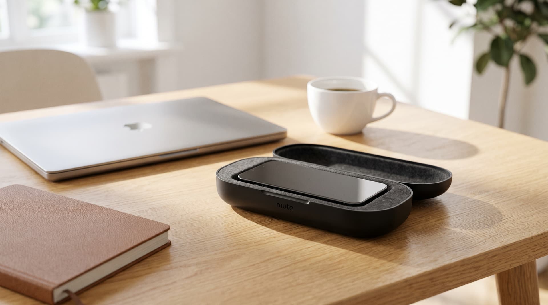 mute box open on a desk with a phone nested inside